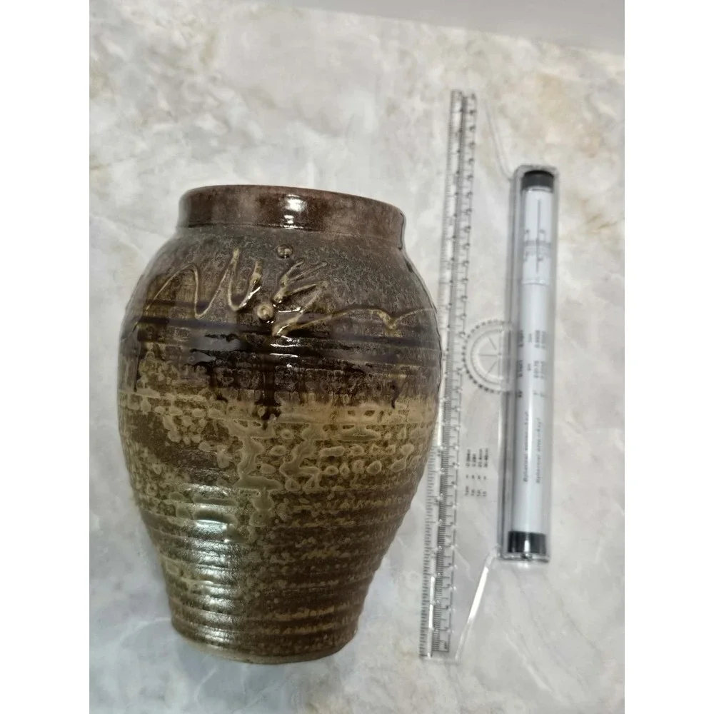 Studio Pottery Art Vase GUC Signed Brown Green Drip Glaze Rustic Boho 🍂 - Picture 2 of 8